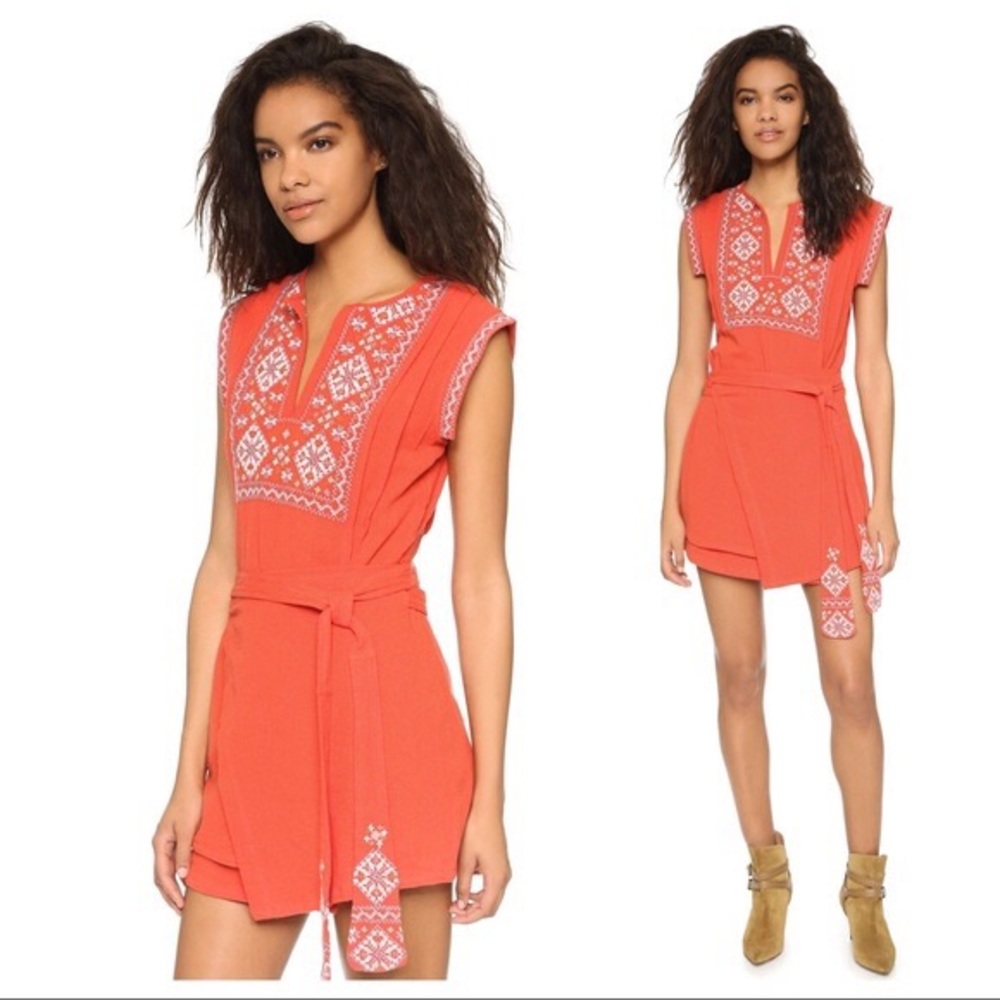 Free People Embroidered Mini Wrap Dress Papaya - Picture 2 of 6
